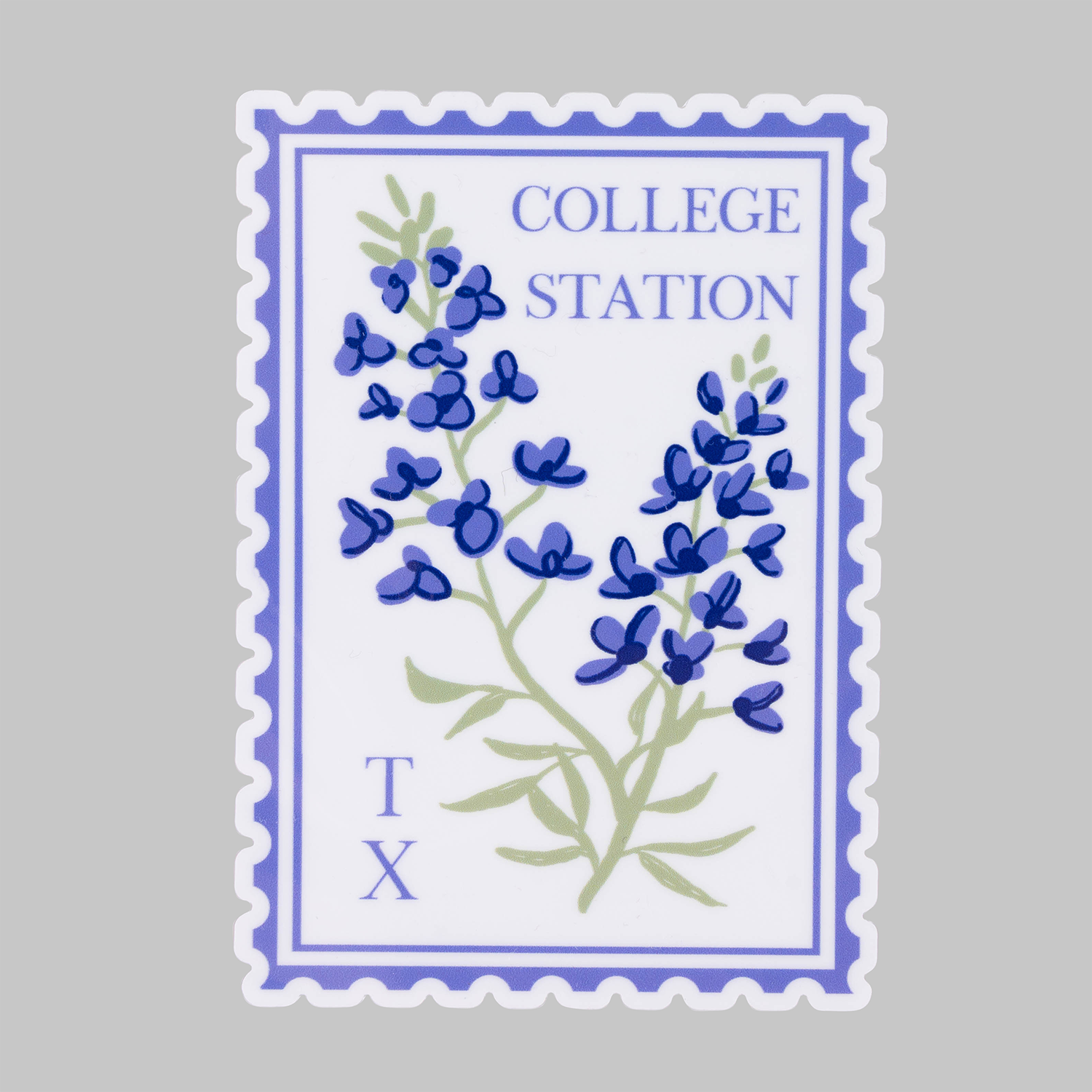 A sticker shaped and design like a stamp with a bluebonnet design that says College Station TX