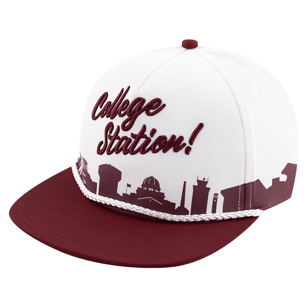 White and maroon cap with 'College Station!' text and skyline design.