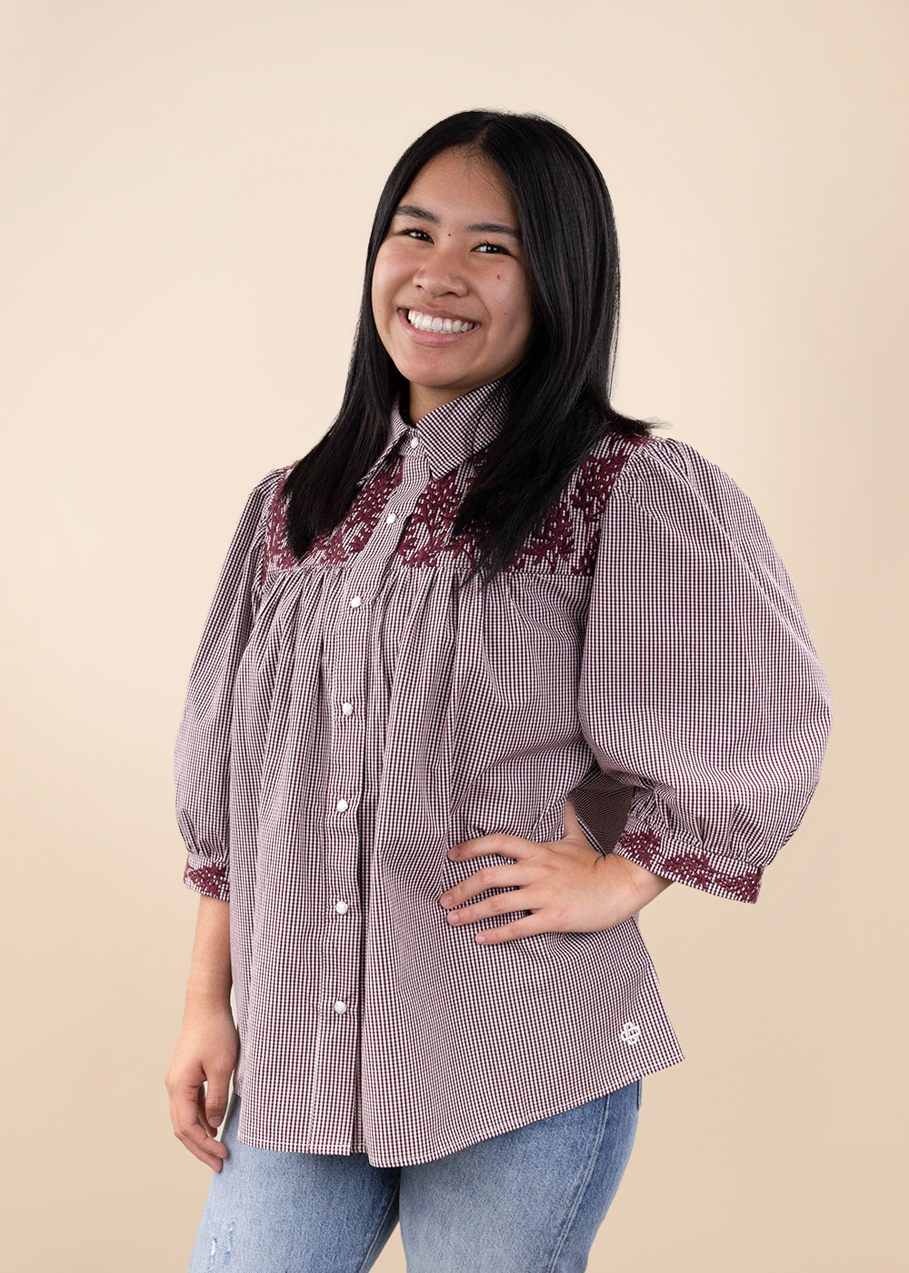 Collegiate Outfitters Gingham Embroidered Blouse - Maroon