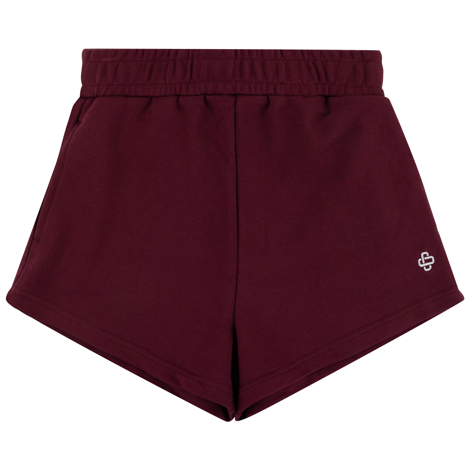 A pair of maroon athletic shorts with an elastic waistband and a small white embroidered logo on the lower left leg, shown against a plain white background.