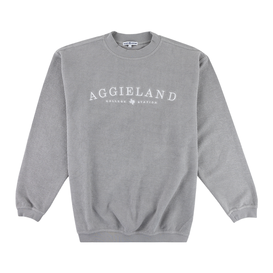 Gray corduroy sweatshirt with "AGGIELAND COLLEGE STATION" in white