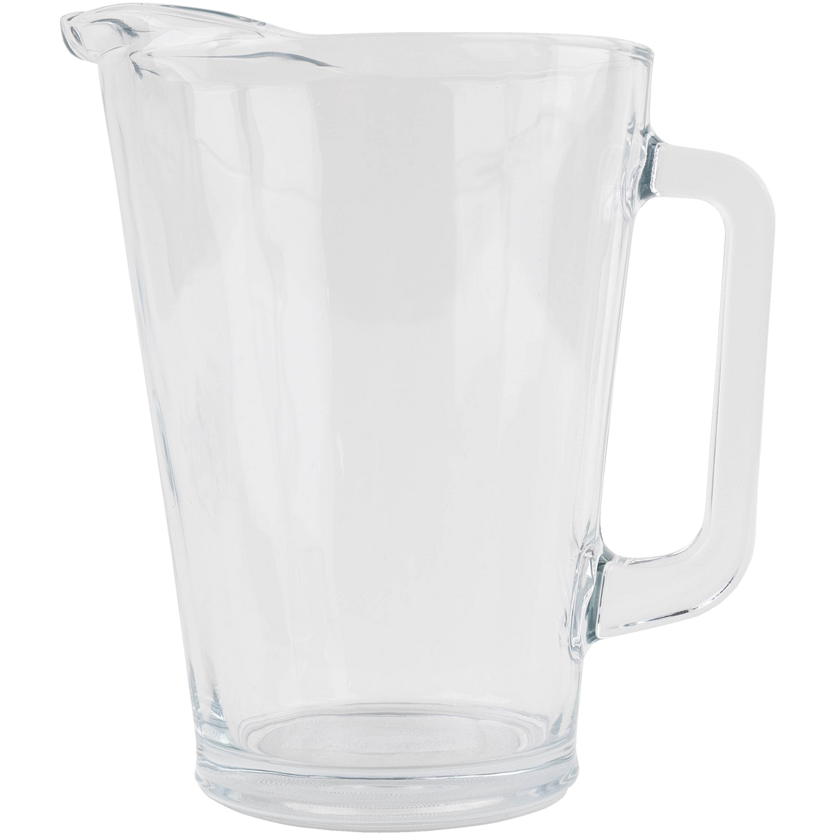 Clear glass pitcher with handle displayed on a plain white background. 