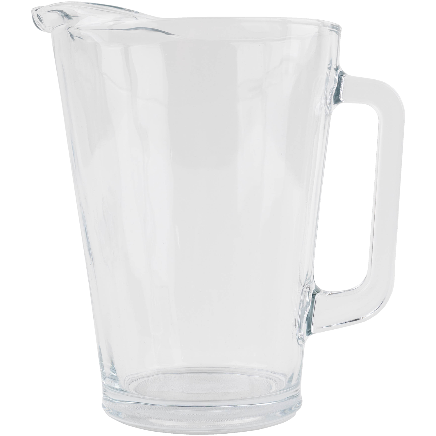 Clear glass pitcher with handle displayed on a plain white background. 