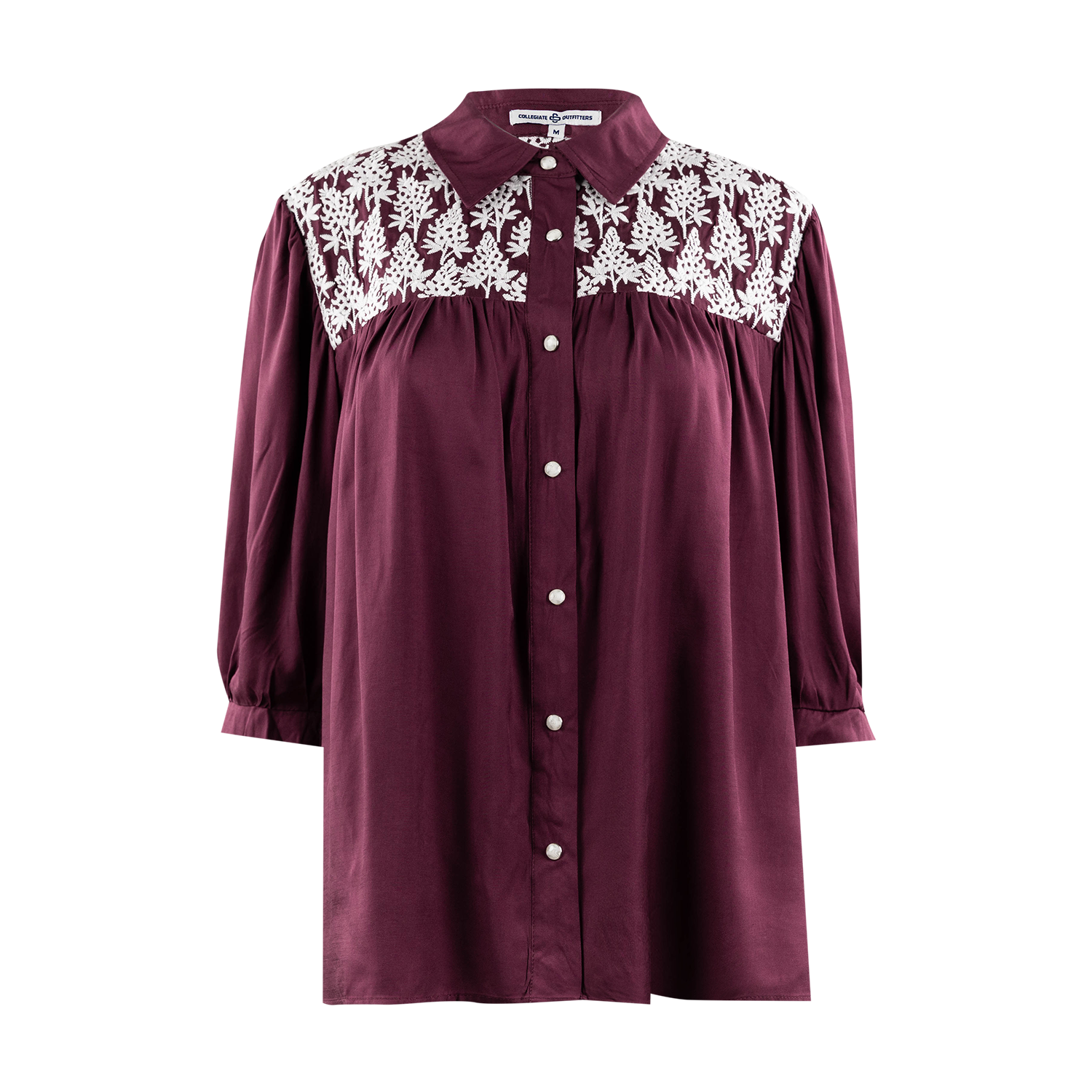 Maroon blouse with white lace details 
