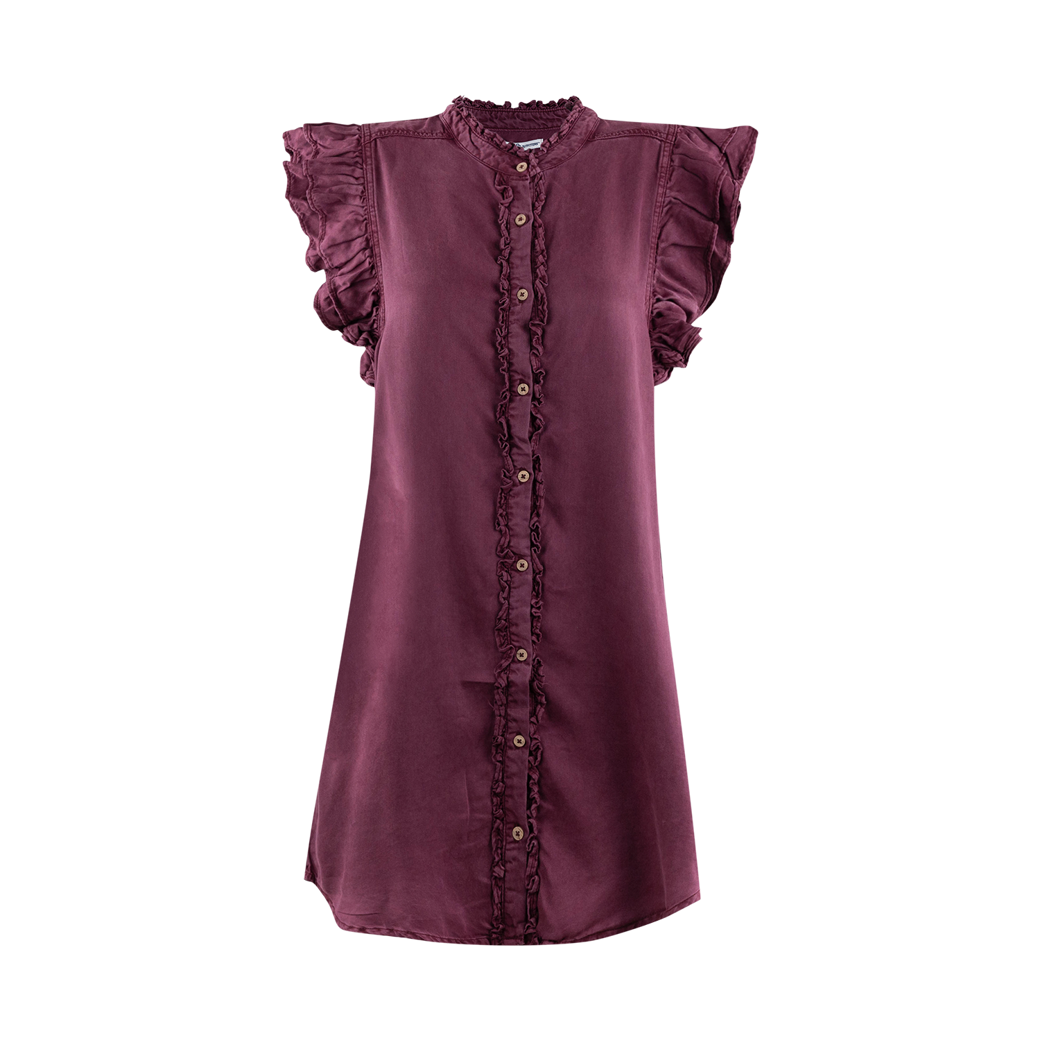 A sleeveless, high-neck blouse in a deep maroon, featuring ruffled cap sleeves, a ruffled button placket, and decorative buttons down the front, shown against a plain white background.
