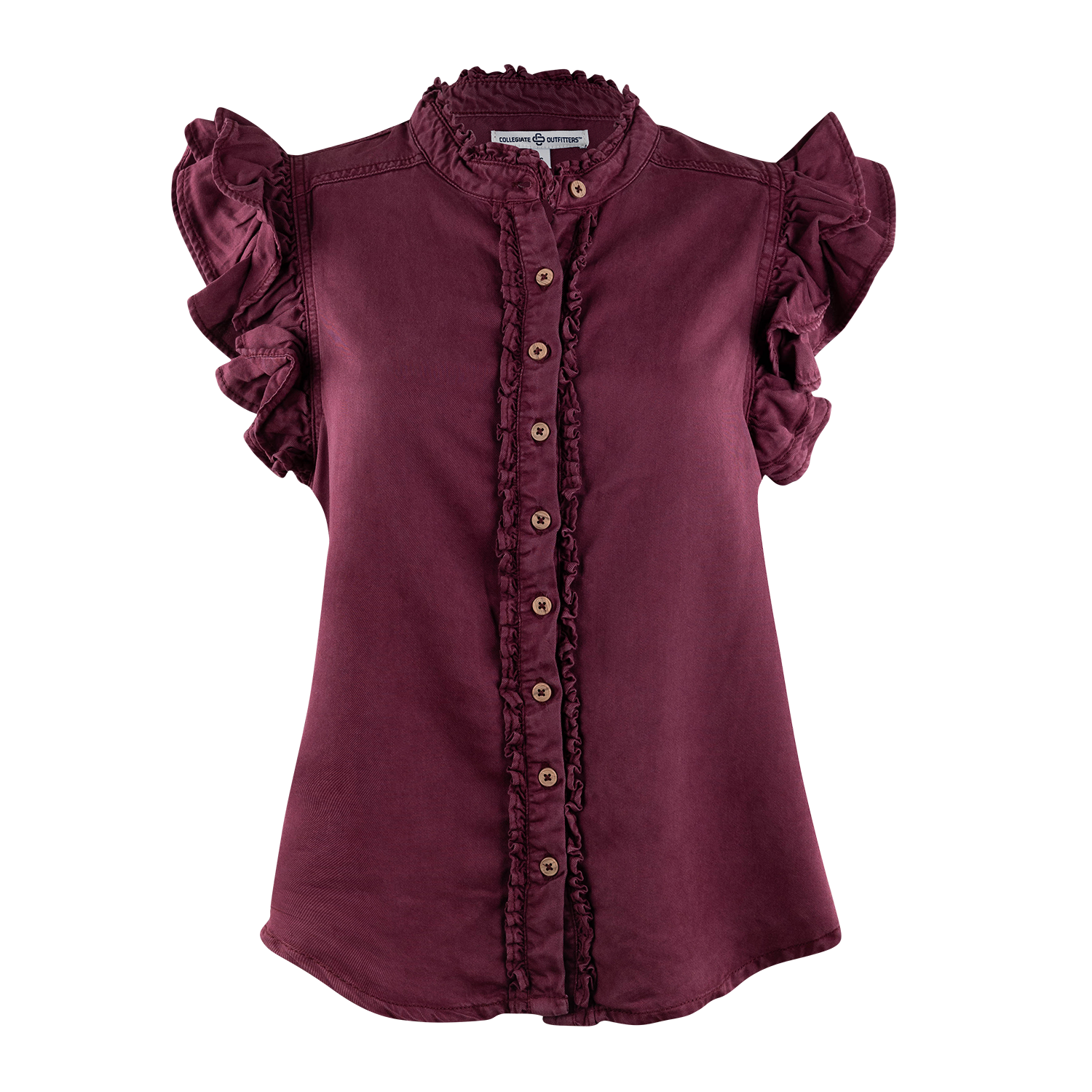 A women's sleeveless blouse in deep maroon with ruffled trim along the collar, button placket, and shoulders, featuring ruffled cap sleeves and a curved hem, shown against a plain white background.