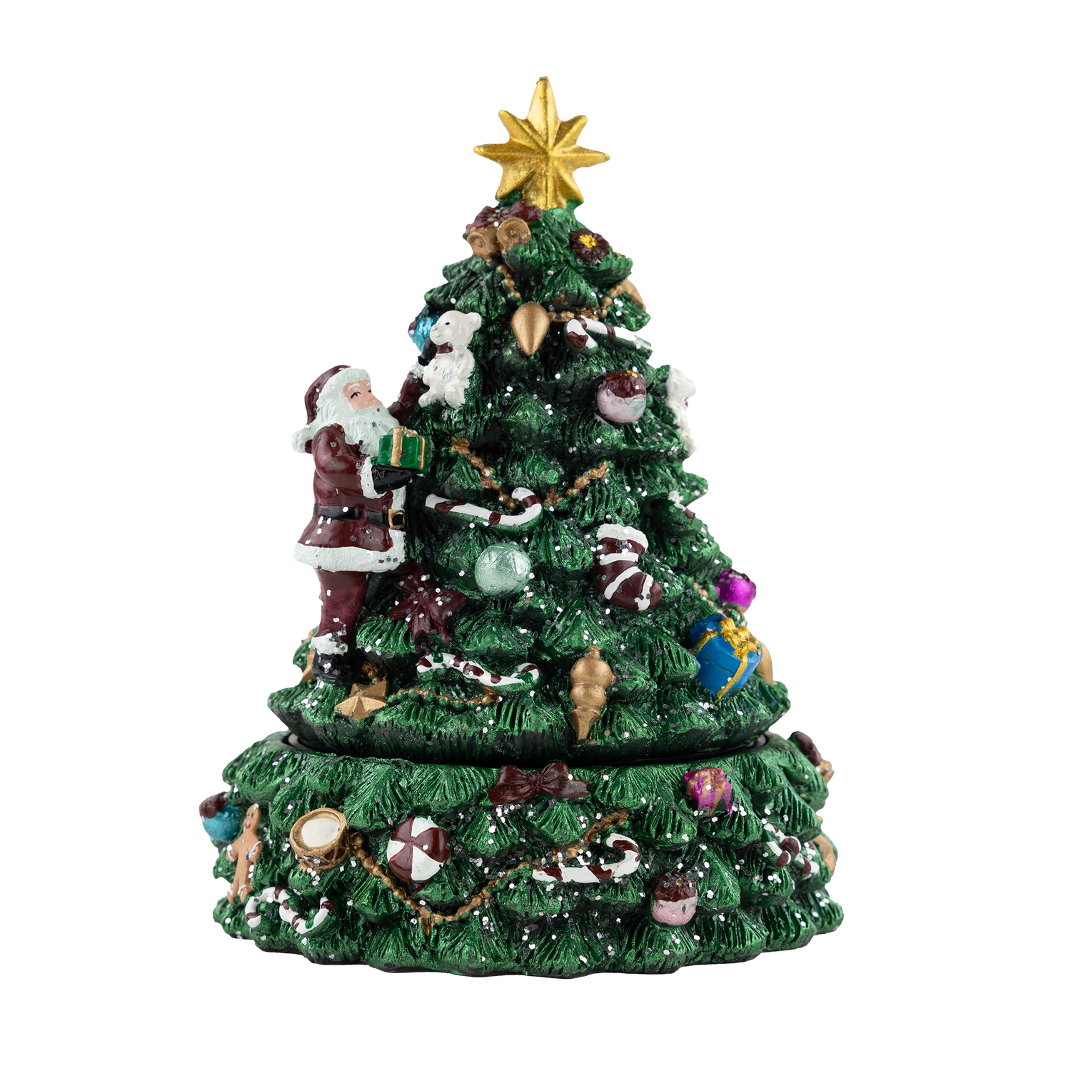 Decorative Christmas tree figurine featuring Santa holding a wrapped present, surrounded by colorful ornaments, candy canes, garland, and snow-covered branches, topped with a gold star.