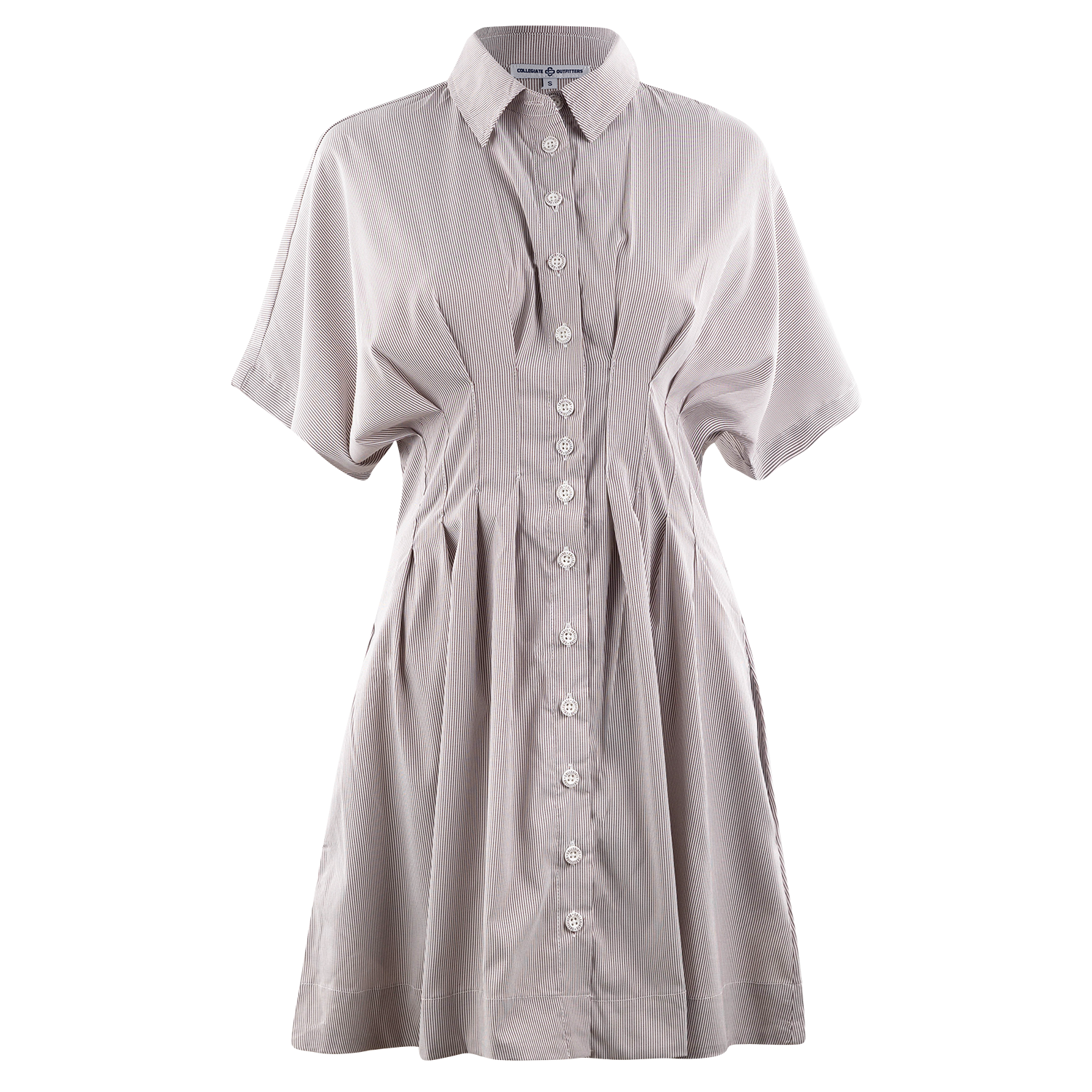 A light maroon and white striped short-sleeve button-up shirt dress with a cinched waist, pointed collar and a pleated skirt, shown on a plain white background.