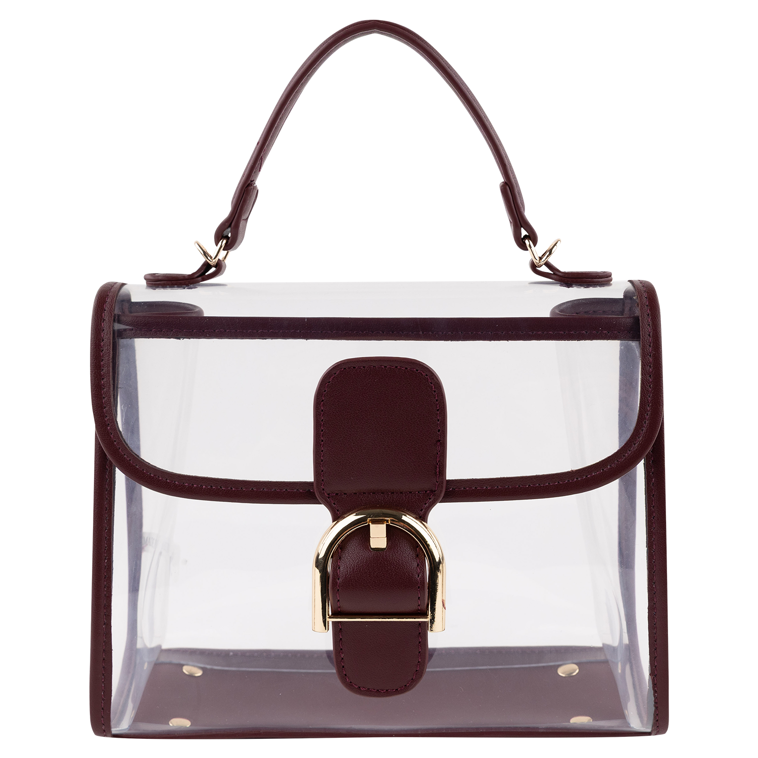 A clear stadium handbag featuring maroon faux leather trim, a top handle, and a front flap closure with a gold-tone buckle.   