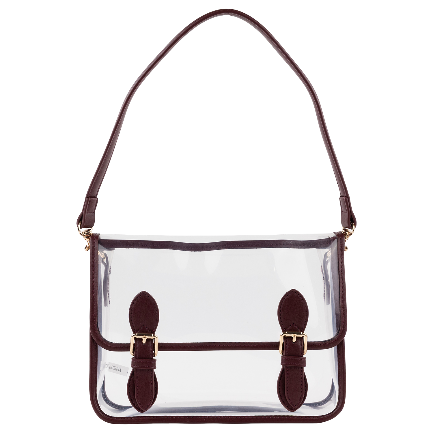A clear rectangular shoulder bag with maroon faux leather piping, a shoulder strap, and a front flap secured by dual maroon buckle straps.   