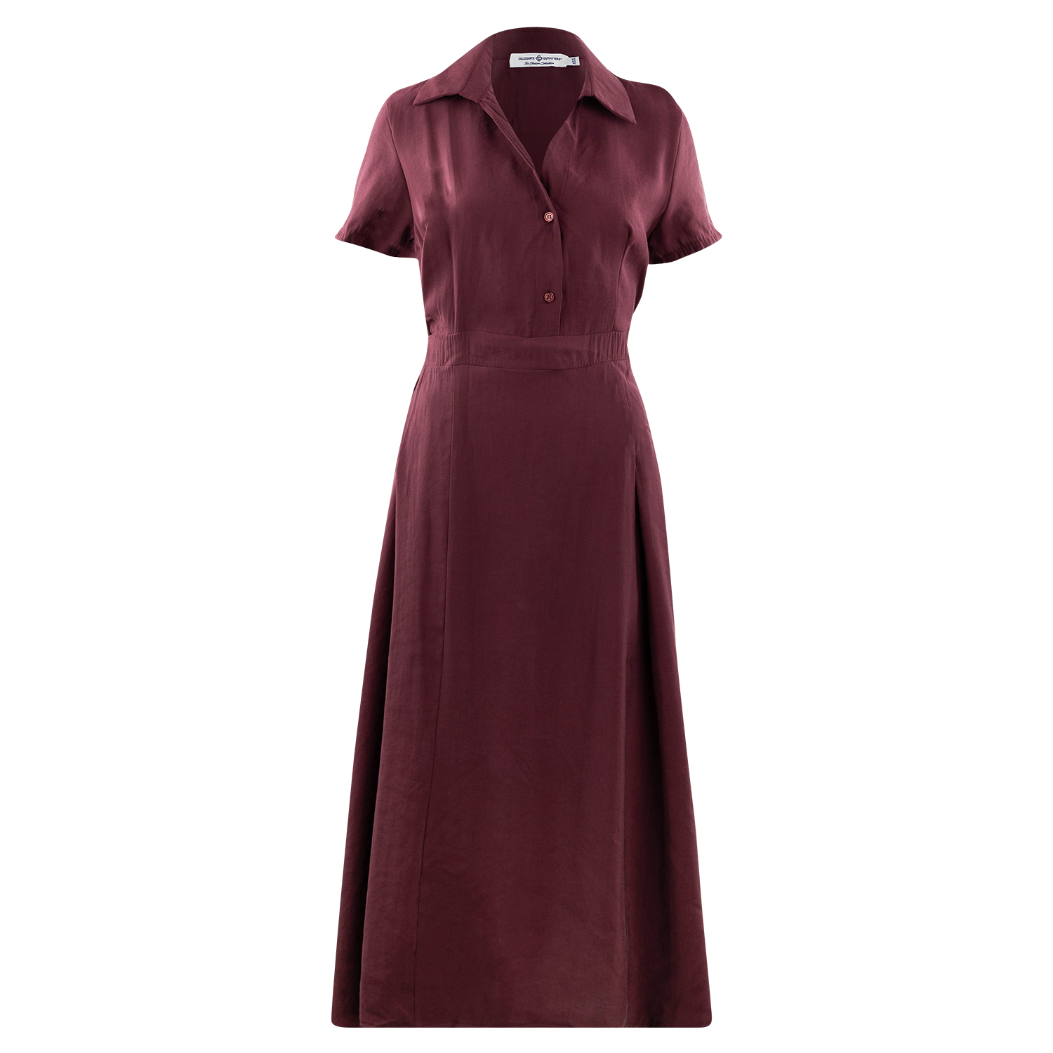 A solid maroon midi-length shirt dress featuring short sleeves, a classic collar, front button closures, a fitted waistband, and an A-line skirt.   