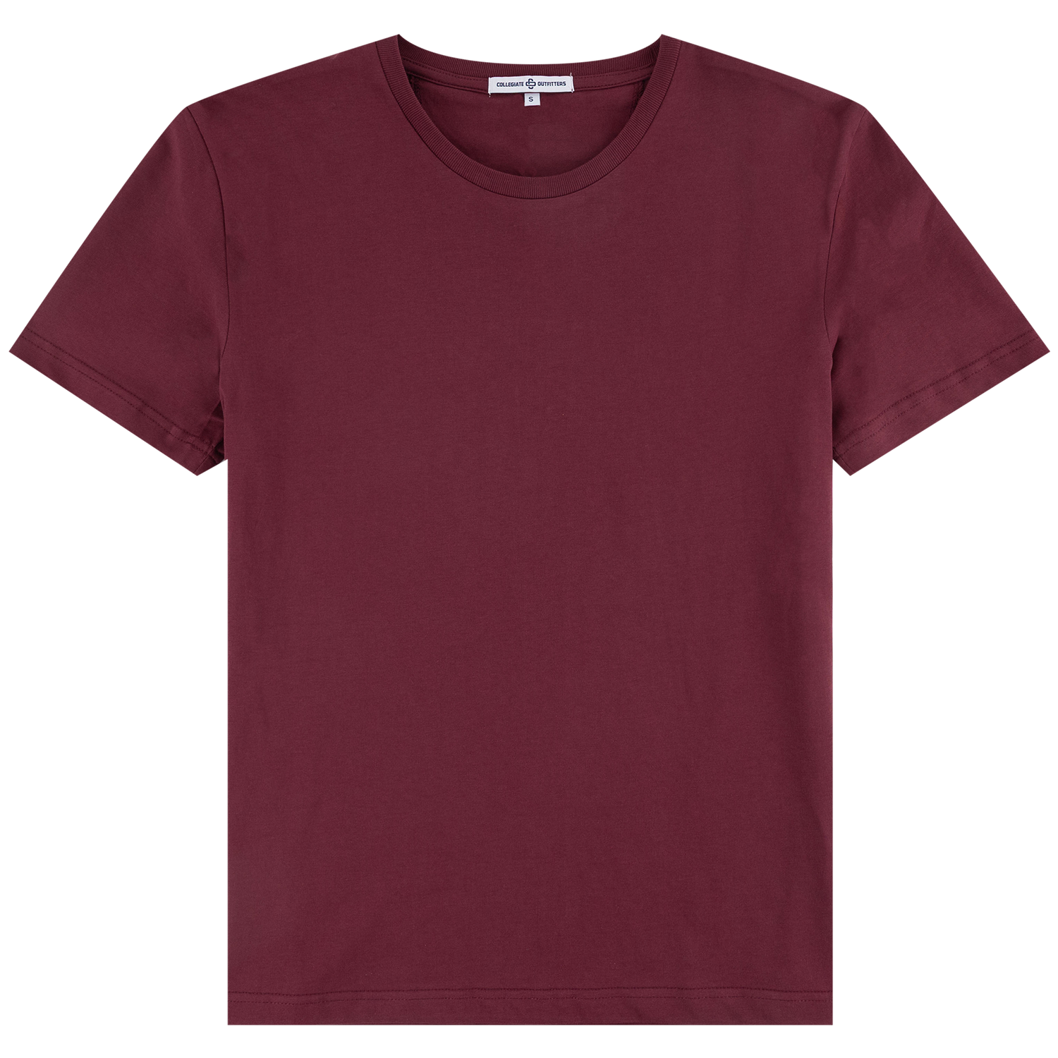 A classic short-sleeve crewneck t-shirt in a deep burgundy color, laid flat against a solid white background. 