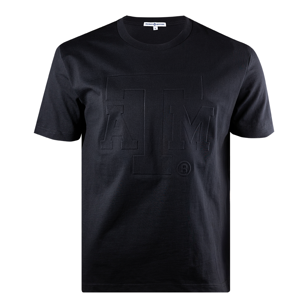 Black t-shirt with a large ATM logo embossed on the front