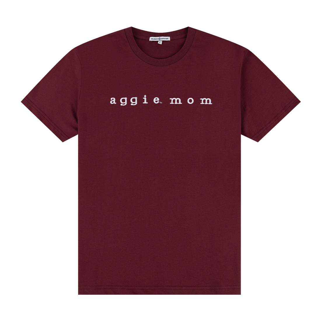 Maroon t-shirt with "aggie mom" in white embroidery