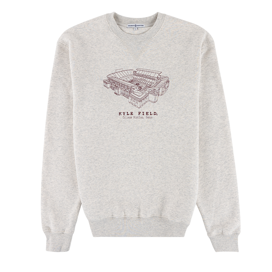 Oatmeal colored sweatshirt with Kyle Field embroidered in maroon