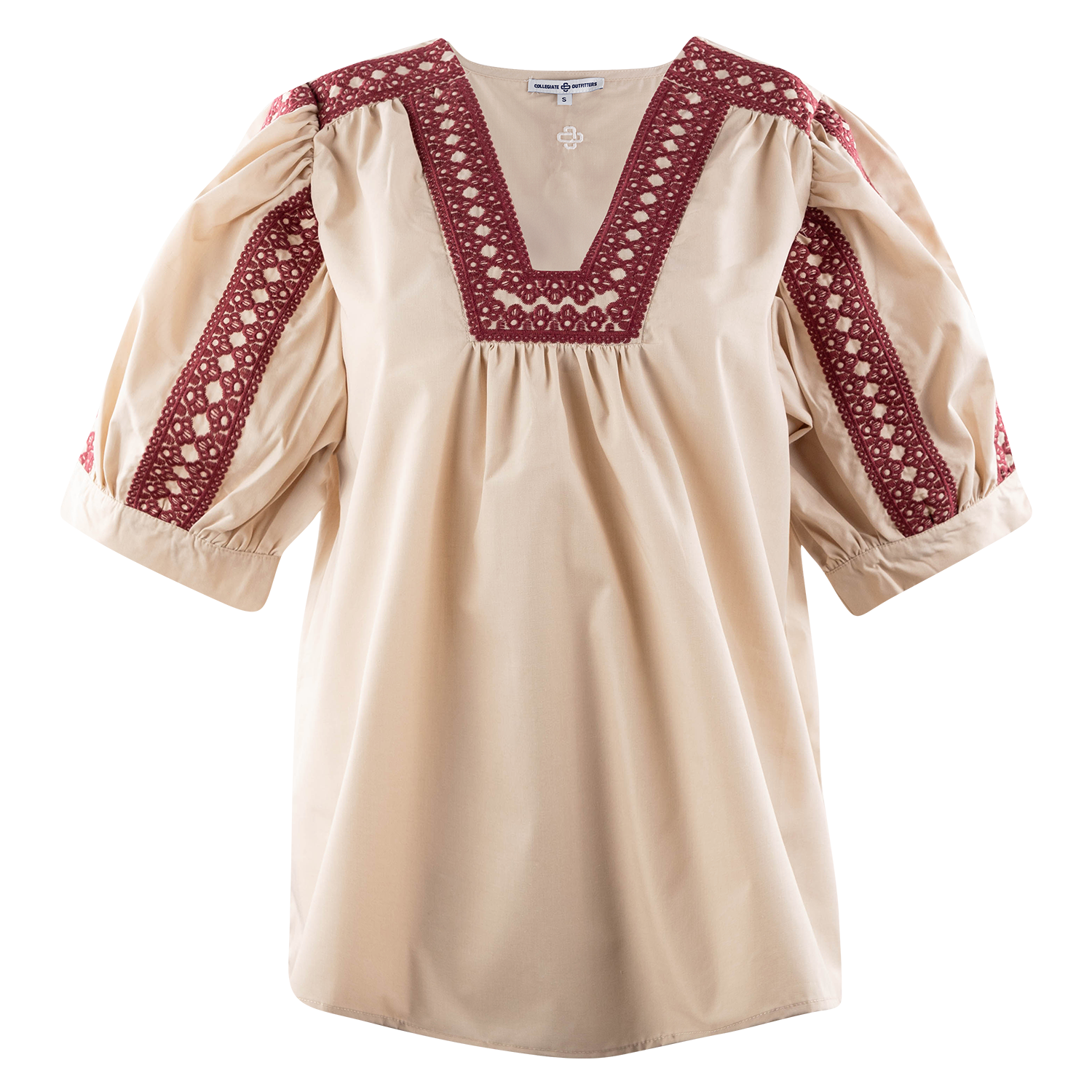 A beige short-sleeve blouse with a V-neckline and puff sleeves, featuring dark maroon embroidered trim along the neckline and sleeve cuffs.