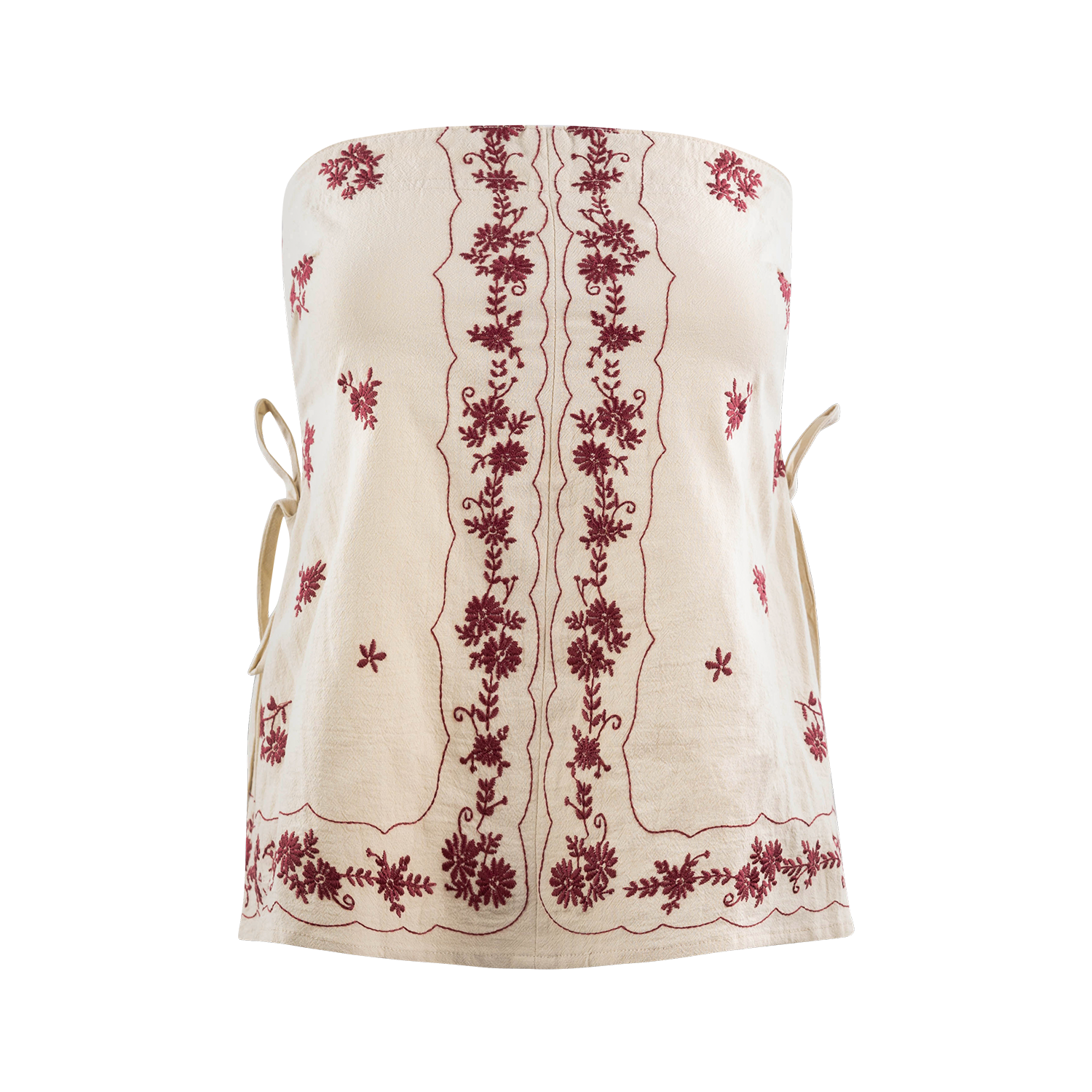 An off-white linen strapless top featuring dark maroon embroidered floral patterns down the center and along the borders, with side tie details.