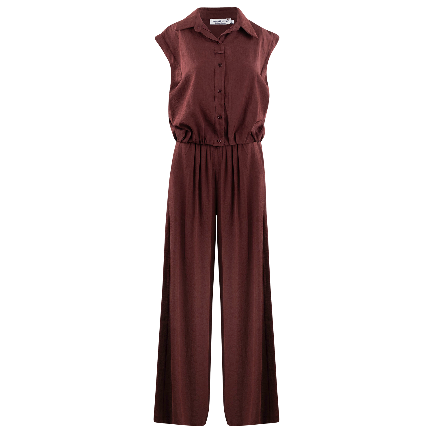 A solid maroon sleeveless set featuring a collared, button-down bodice, an elasticated waistband, and wide-leg trousers.   