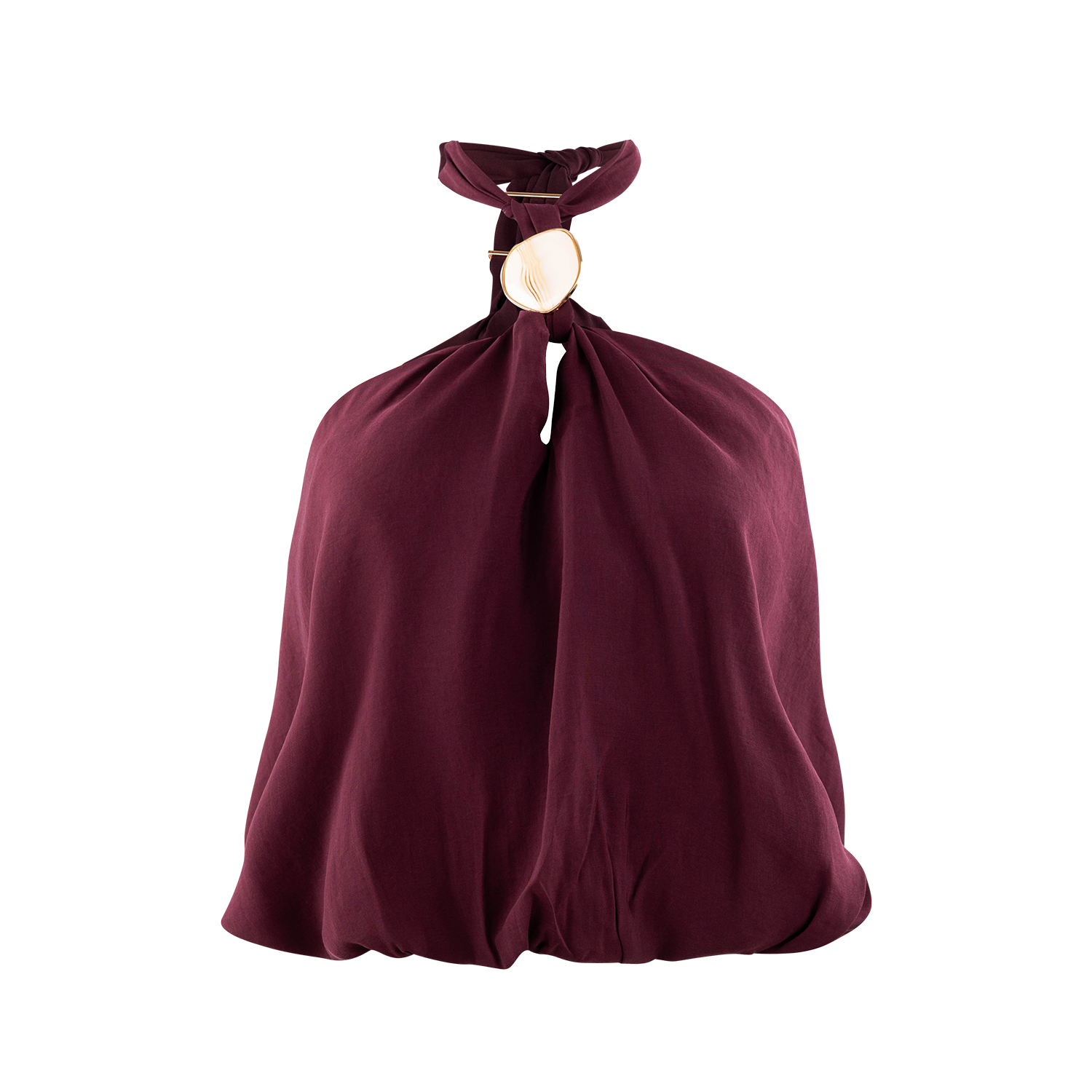 Burgundy halter top with a tie neckline, gold-tone decorative clasp, and draped, flowy silhouette.