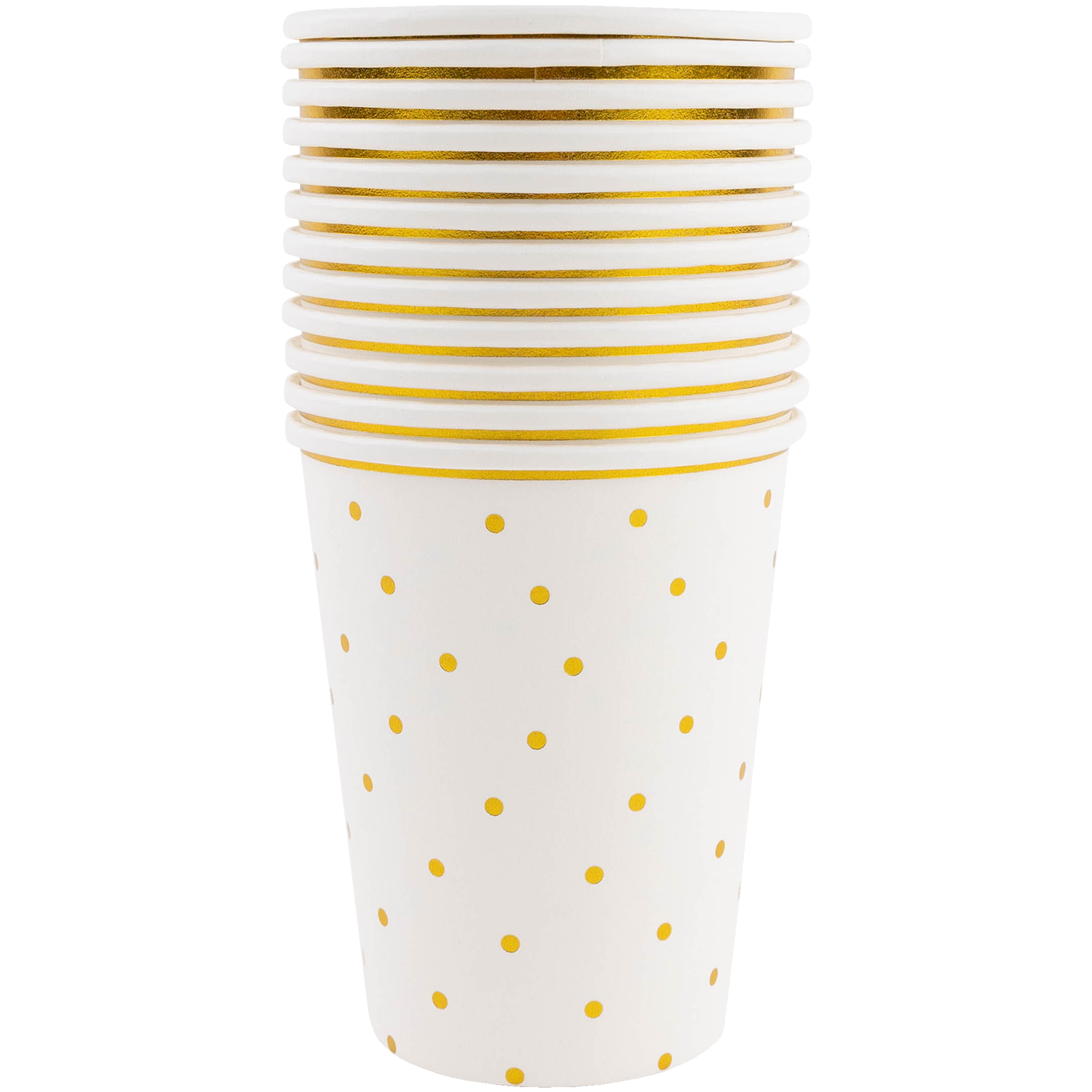 A stack of white paper cups decorated with gold polka dots and a metallic gold rim border.   