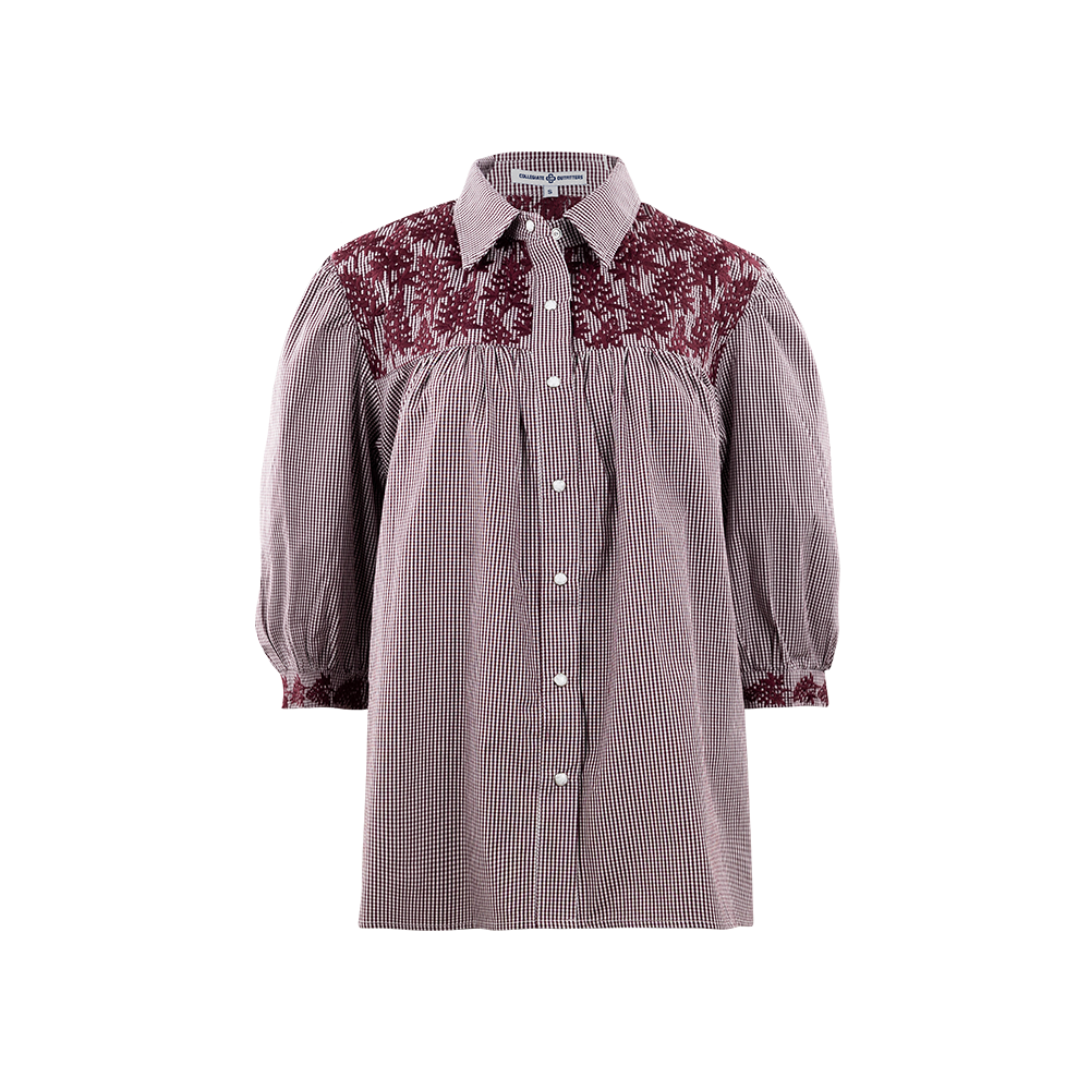 Long-sleeve button up gingham shirt with floral embroidery details on a white background