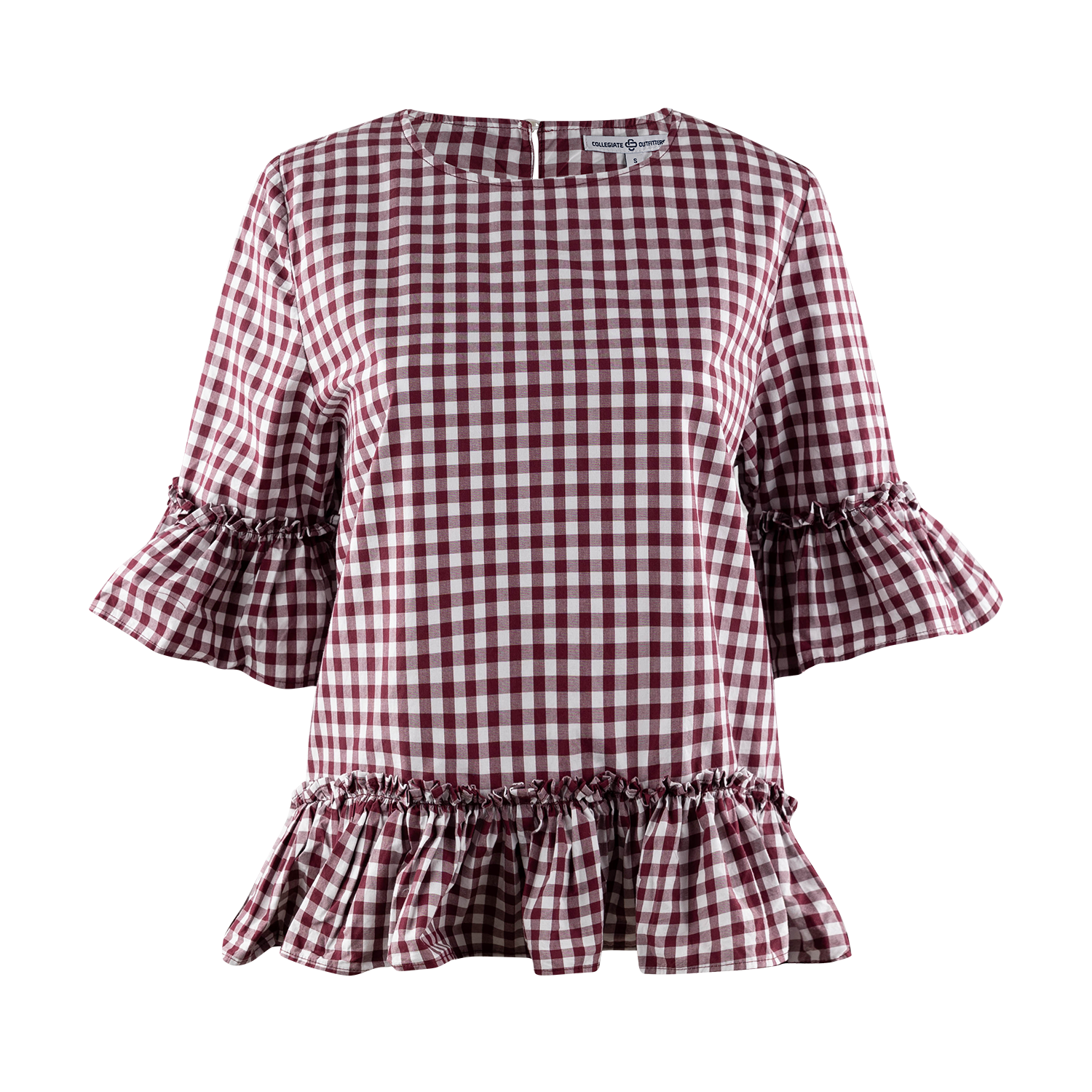 A women's short-sleeve blouse with a maroon and white gingham check pattern, featuring ruffled cuffs and a ruffled hem, shown against a plain white background.