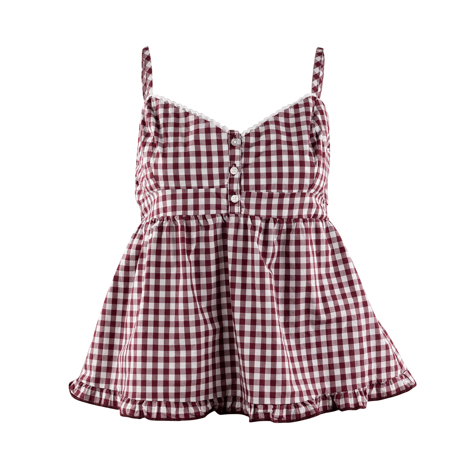 A sleeveless maroon and white gingham check romper with thin shoulder straps, a buttoned bust, and a ruffled hem, shown on a plain white background.