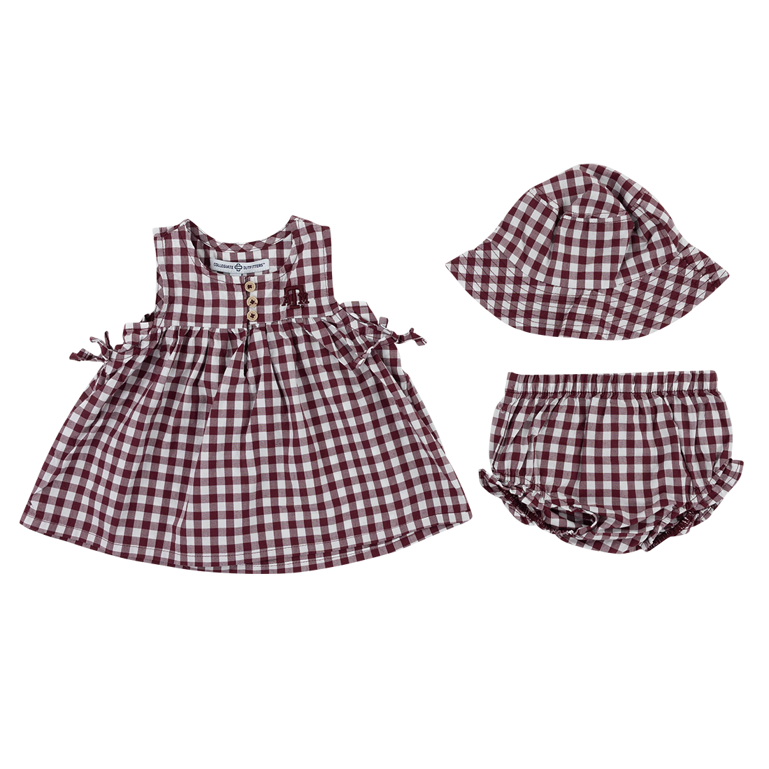 Baby girl's maroon and white checkered dress set with hat and bloomers