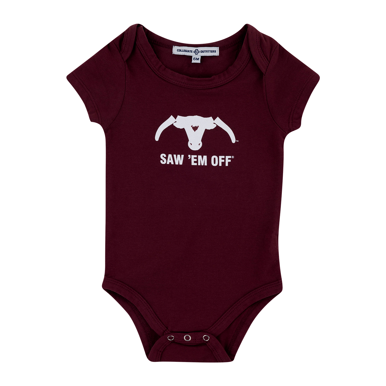 A maroon short-sleeve baby bodysuit with a white graphic of a steer skull and the text 'SAW EM OFF' on the chest, shown flat against a white background.