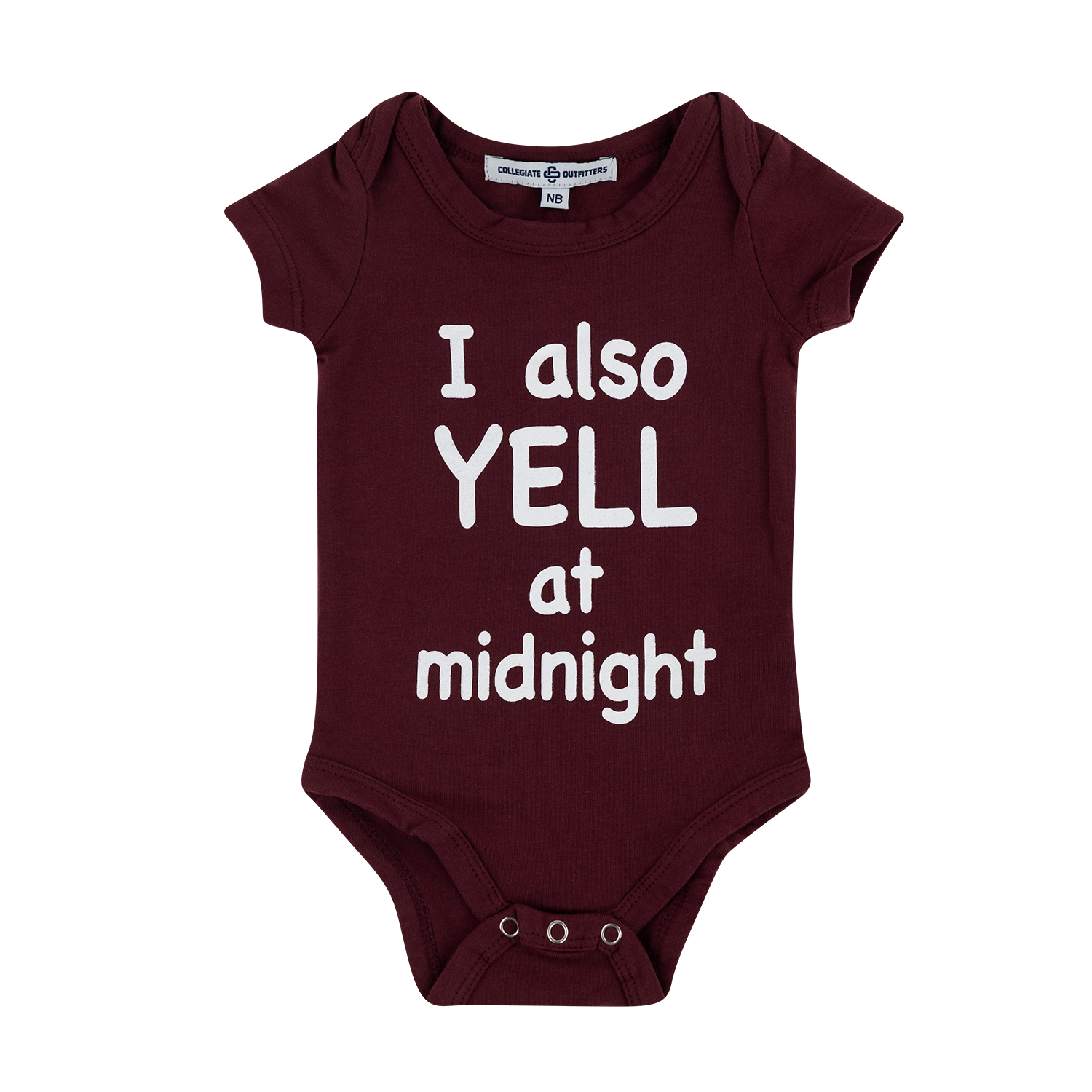 A short-sleeve baby bodysuit in maroon with white text reading 'I also YELL at midnight' on the front, shown flat against a white background.