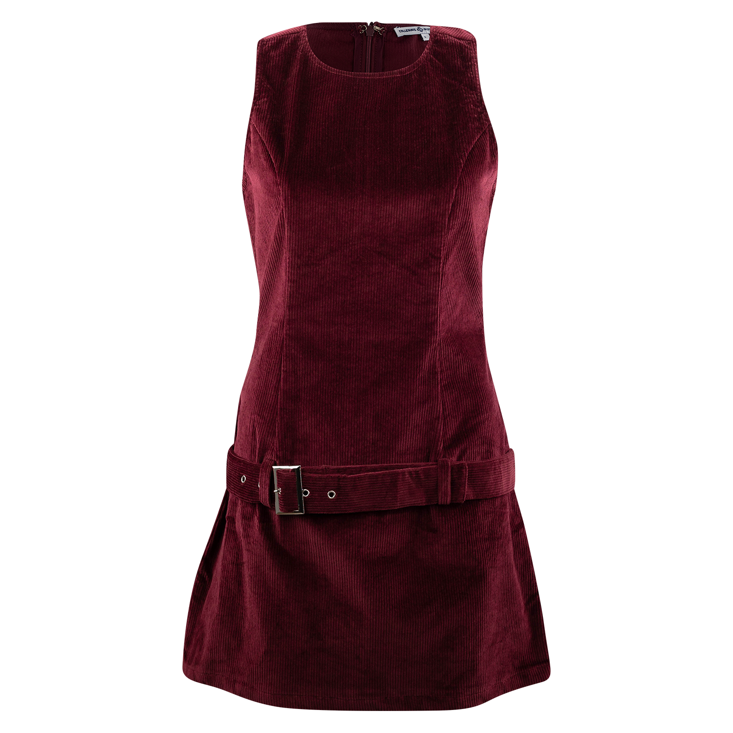 Maroon corduroy sleeveless dress with a fitted bodice, flared skirt, back zipper, and adjustable belted waist with a rectangular buckle.