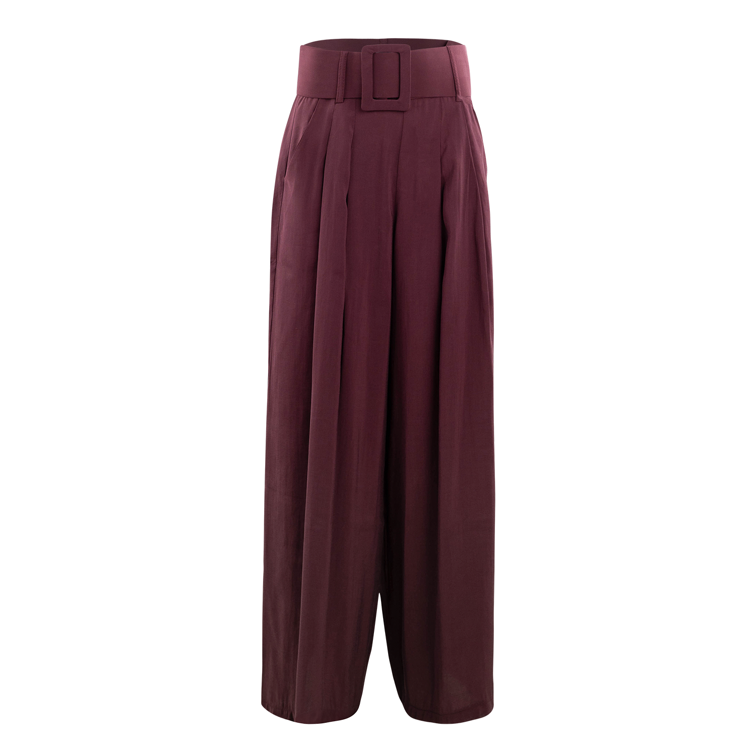 Maroon wide-leg pants with pleated front, side pockets, and a matching wide belt with a rectangular buckle.