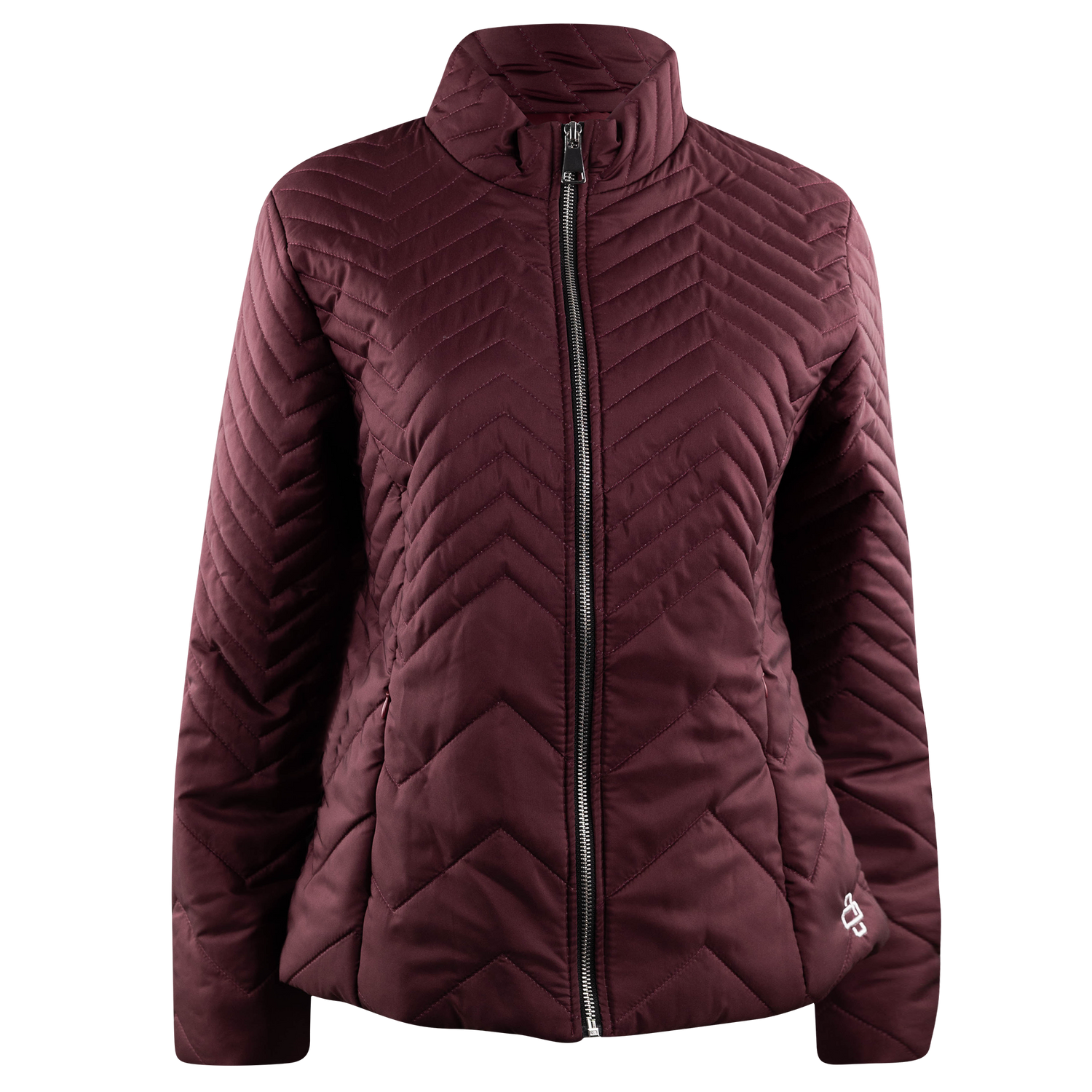Maroon quilted jacket featuring a full-zip front, a stand-up collar, chevron stitching throughout, side pockets, and a small white embroidered logo near the hem.
