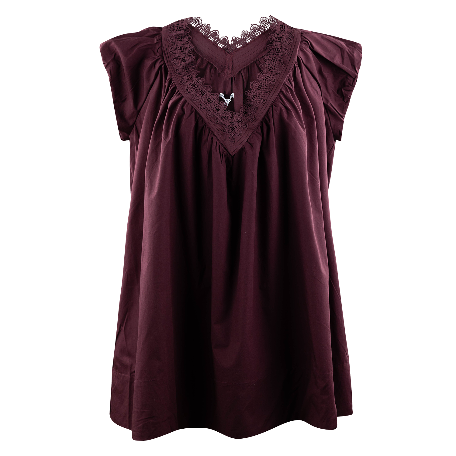 Maroon Texas A&M dress featuring a V-neckline, layered lace trim, and short flutter sleeves.