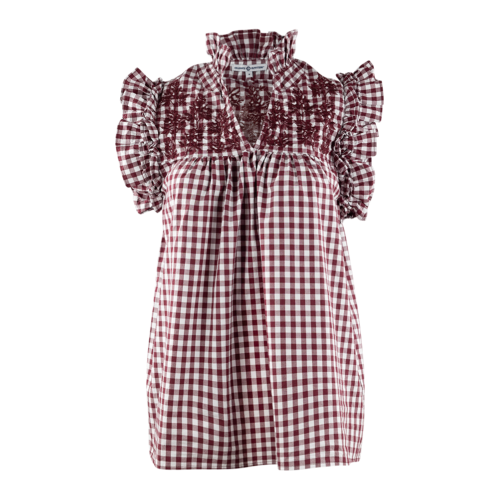 A short-sleeve smocked top with a maroon and white gingham pattern, featuring a smocked bodice and ruffled sleeves, shown against a plain white background.