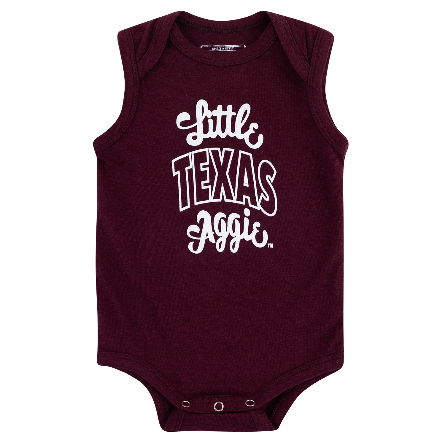 Maroon infant bodysuit featuring white “Little Texas Aggie” lettering in a mix of script and block fonts, sleeveless design, and three-snap bottom closure.