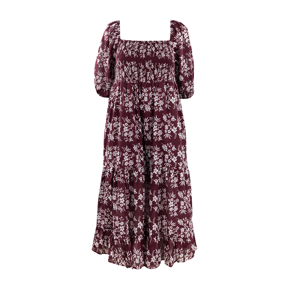 Maroon floral dress with puff sleeves 