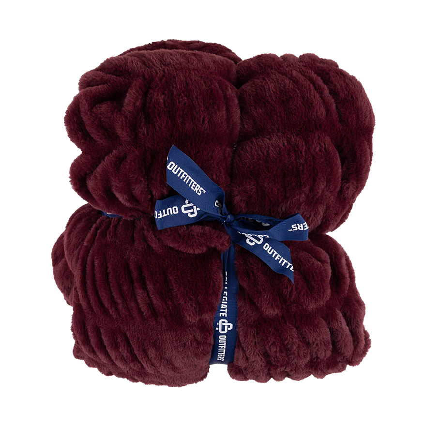 Maroon blanket with a blue ribbon.