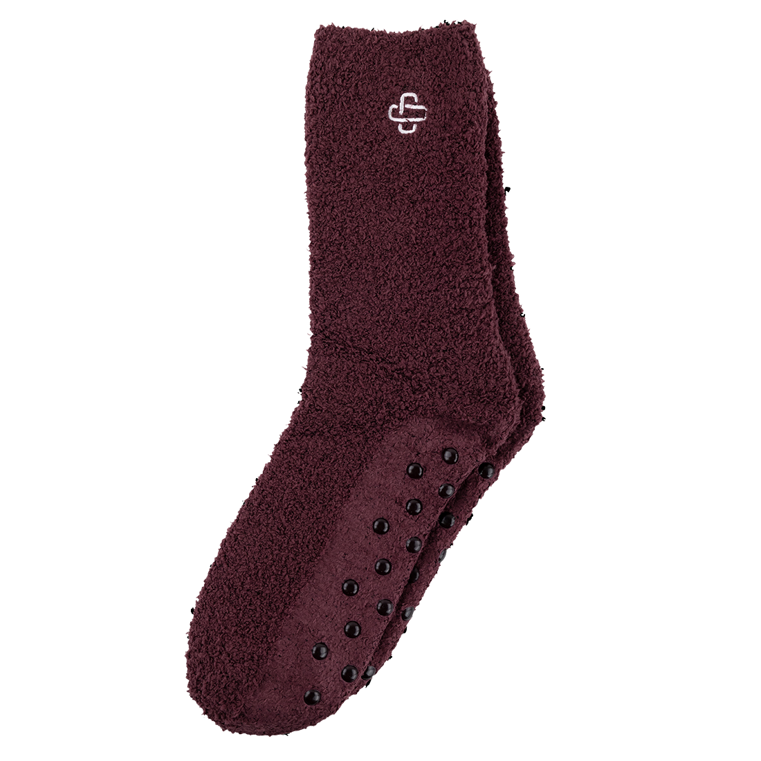 Maroon fuzzy socks with grippy bottoms