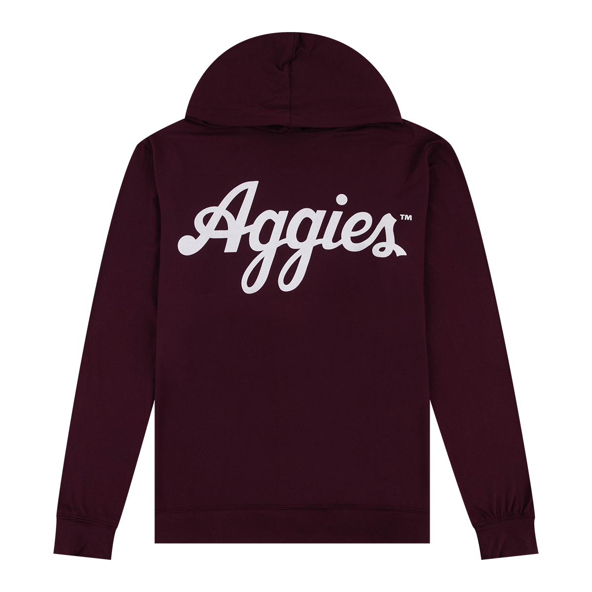 Maroon t-shirt hoodie with white felt "Aggies" in script