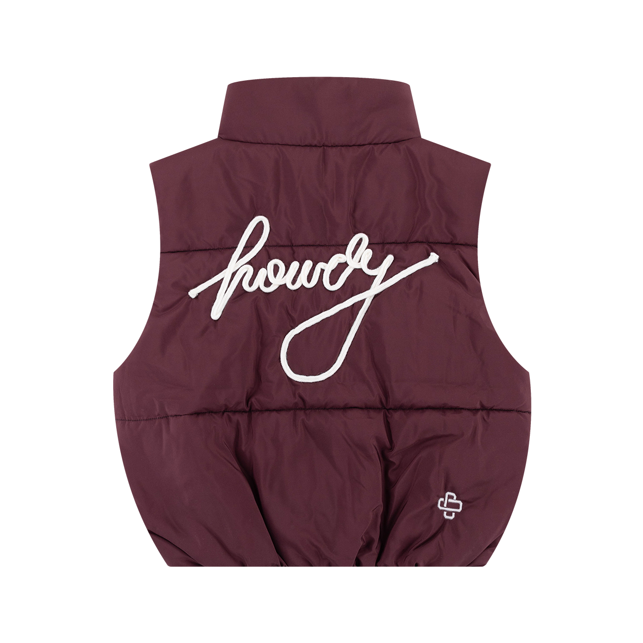 Maroon cropped puffer vest with "howdy" in white on the back.