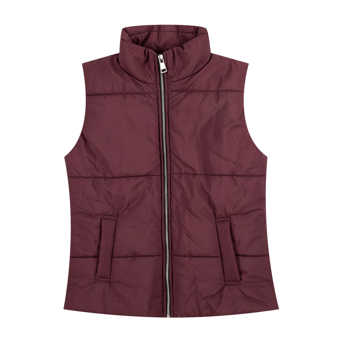 Maroon long puffer vest.