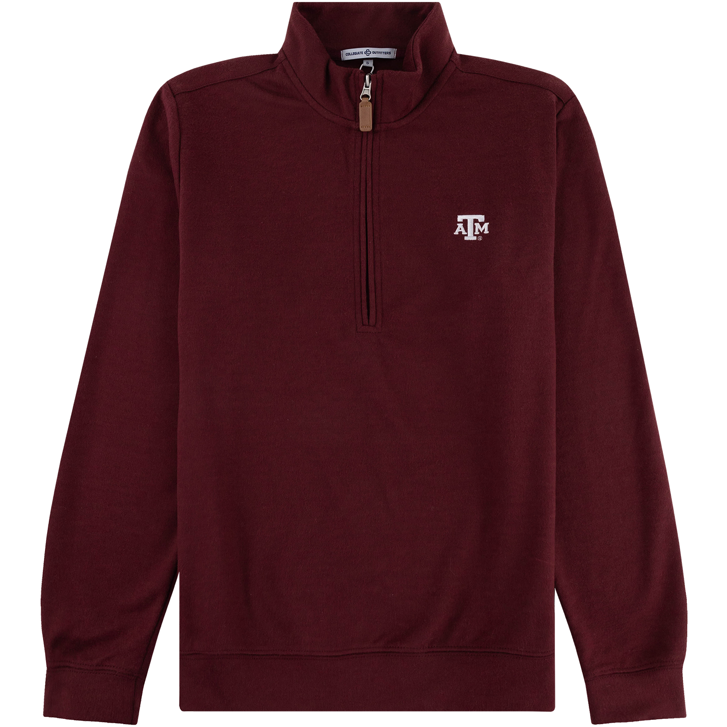 Maroon Texas A&M quarter-zip pullover with a white embroidered ATM logo on the chest and a tan zipper pull.