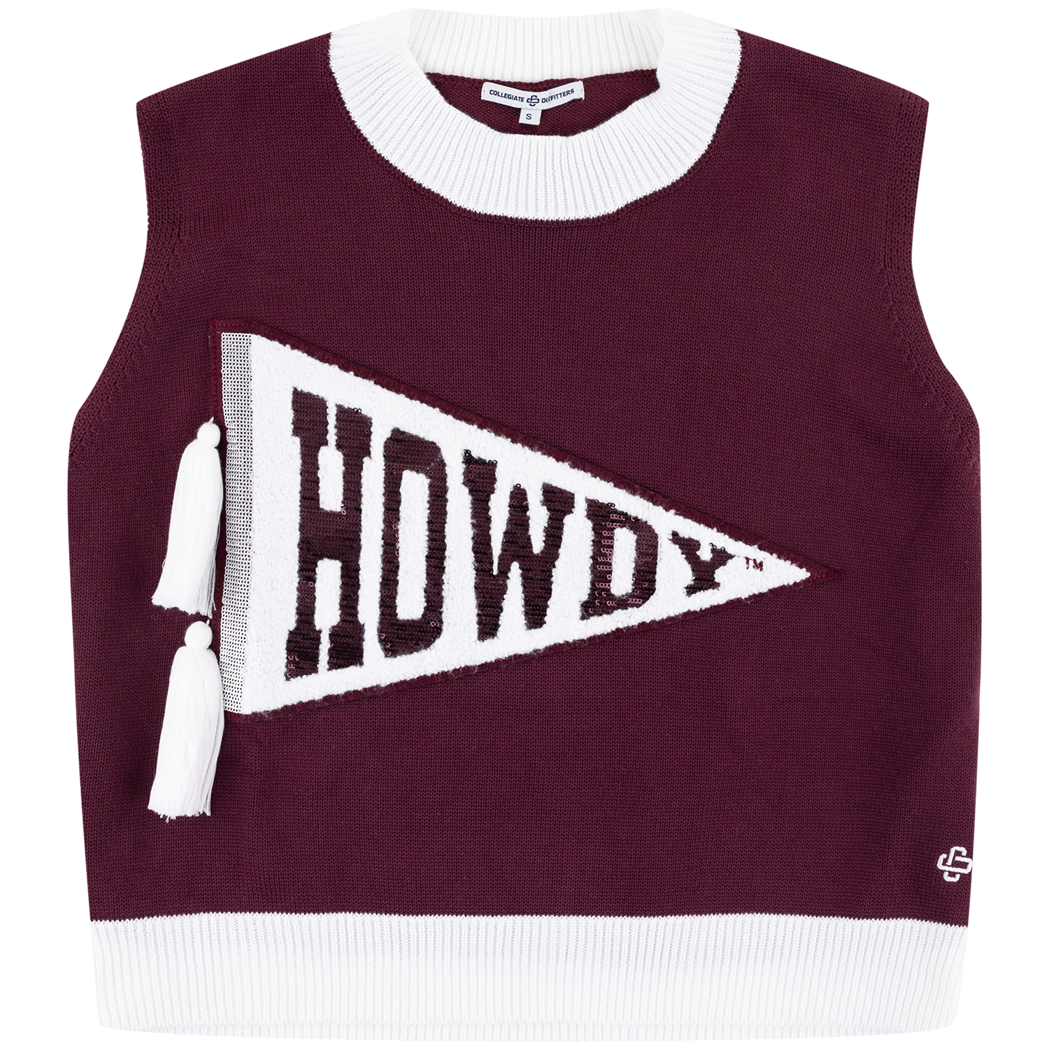 A sleeveless knit sweater vest in burgundy with white ribbed trim at the collar, hem, and cuffs, featuring a large white triangular pennant graphic with the word 'HOWDY' and two white tassels on the front.