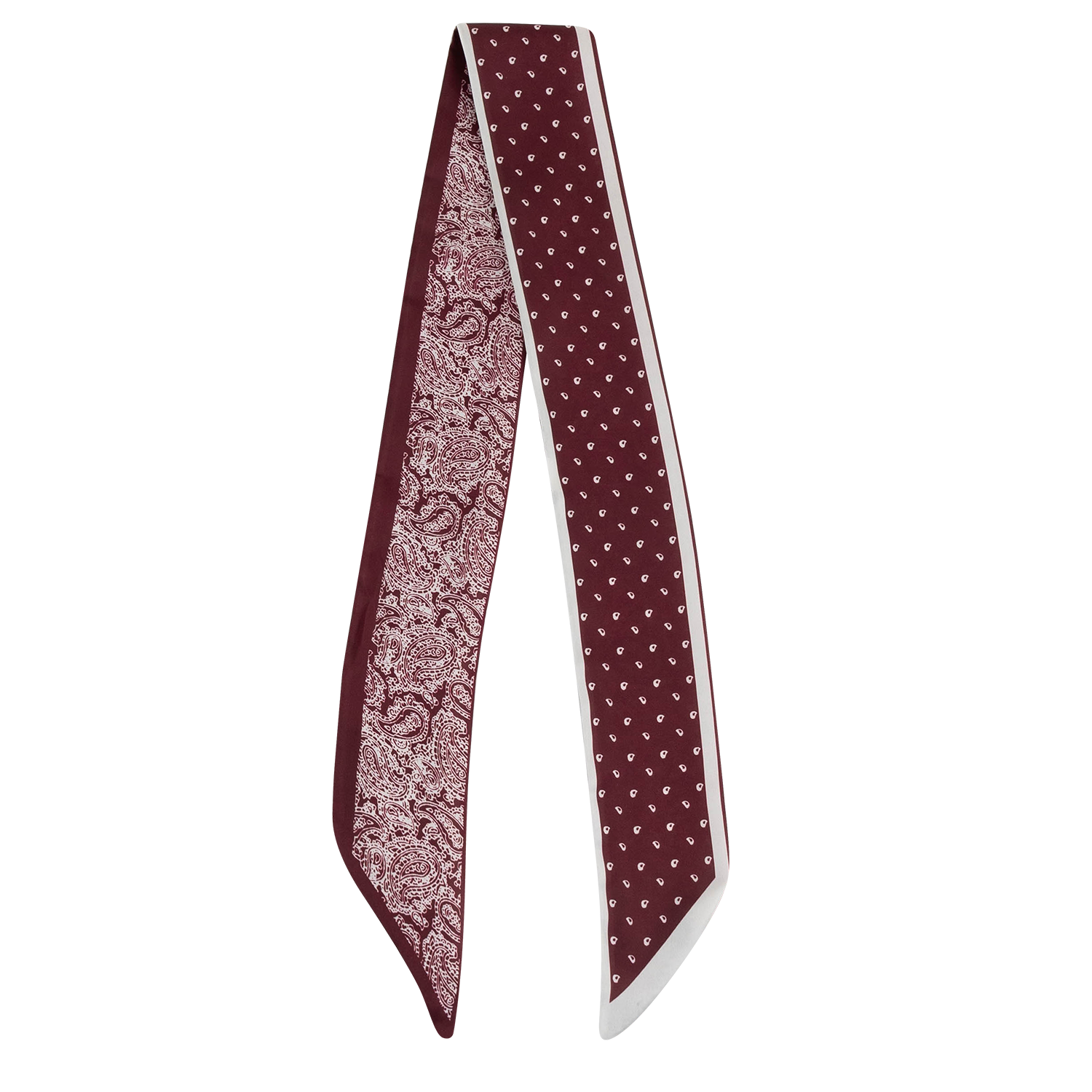 A burgundy silk necktie with a white paisley pattern on one side and a white dotted pattern on the other, displayed against a solid white background.