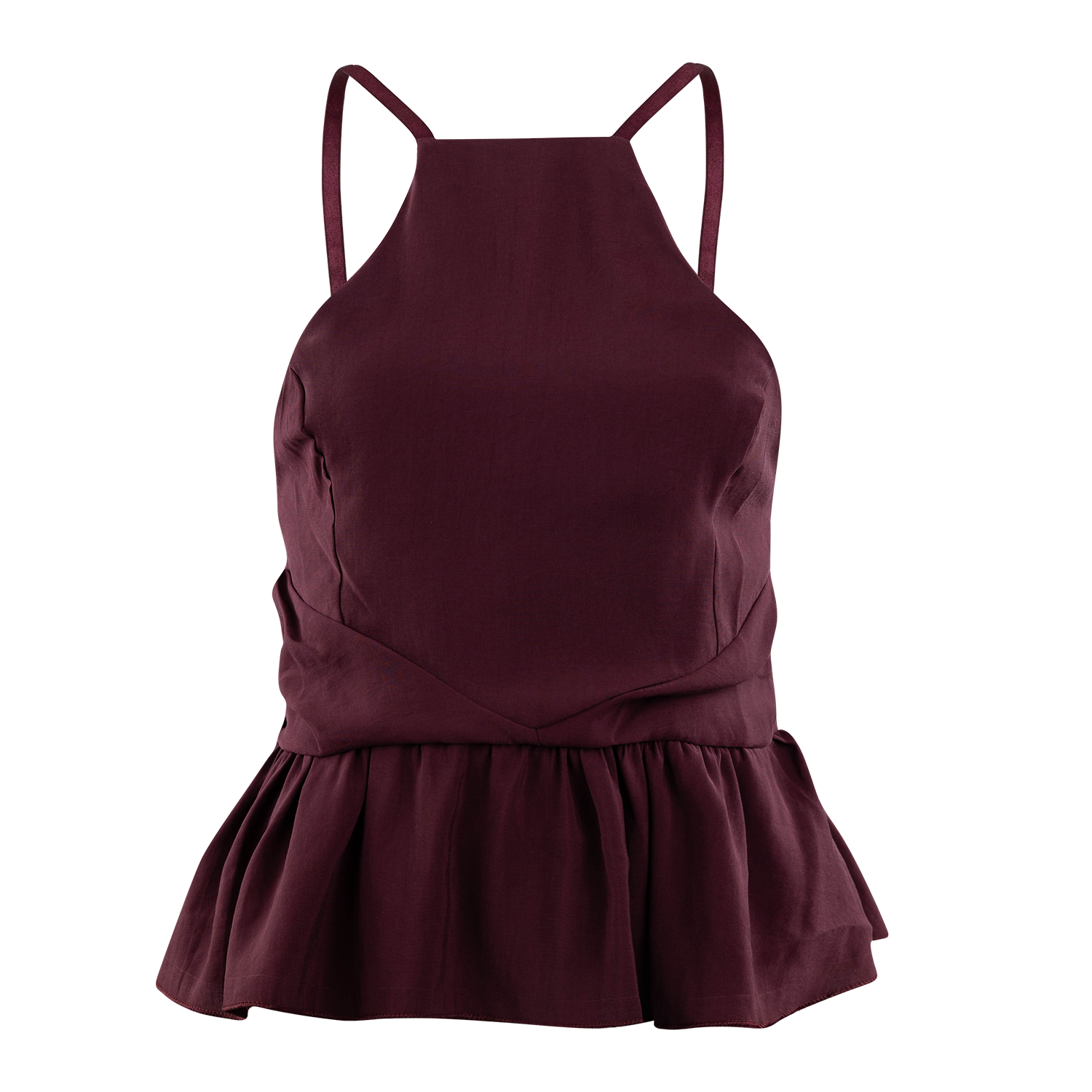 Burgundy sleeveless top with thin shoulder straps, a fitted bodice, wrap-style waist detail, and a gathered, flared waist.
