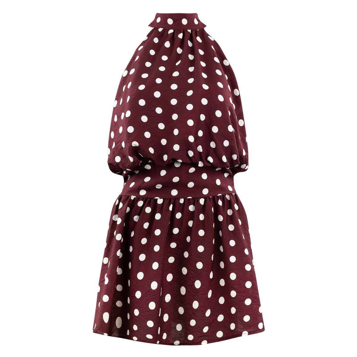 A maroon sleeveless mini dress in a white polka dot pattern, featuring a high halter neckline, a blouson top, a wide fitted waistband, and a flared skirt.   