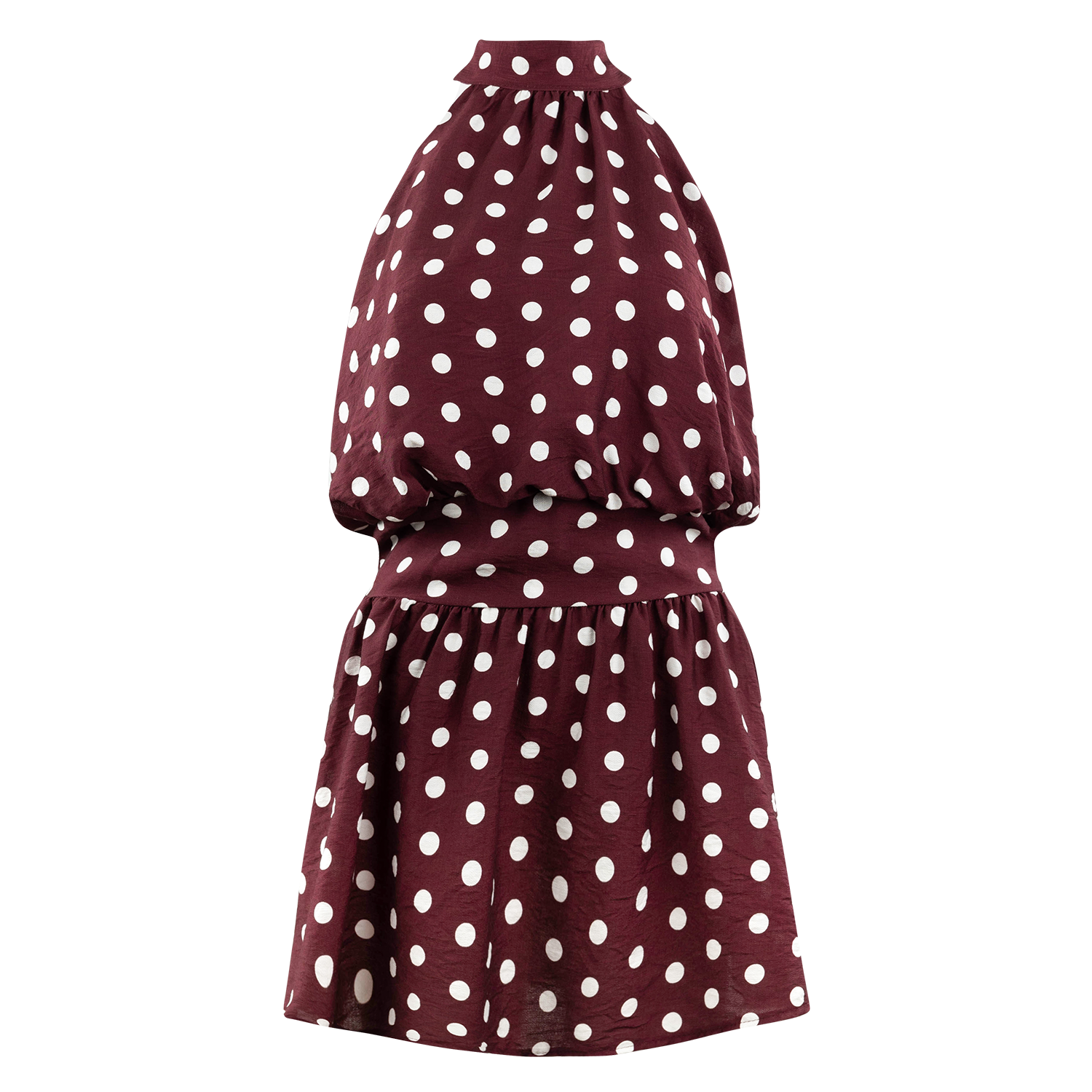 A maroon sleeveless mini dress in a white polka dot pattern, featuring a high halter neckline, a blouson top, a wide fitted waistband, and a flared skirt.   