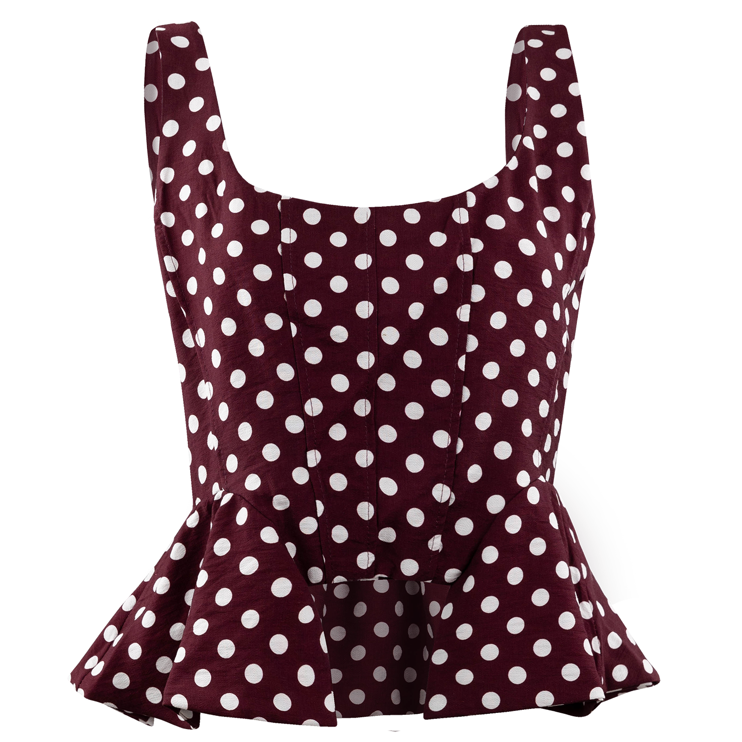 Maroon sleeveless top featuring a white polka dot pattern, scoop neckline, wide shoulder straps, fitted bodice with seaming, and a flared peplum hem.