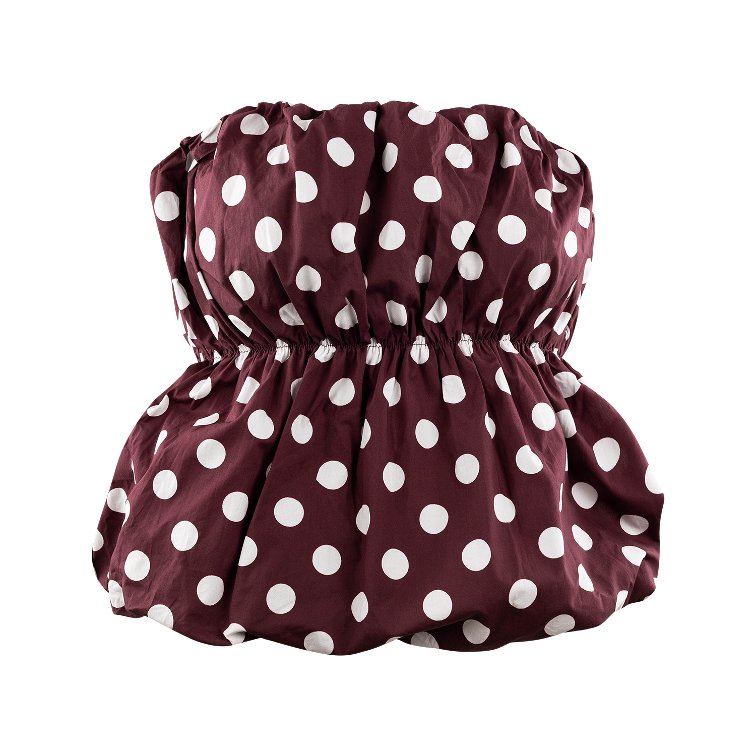 Burgundy strapless top with a white polka dot pattern, gathered detailing, and an elasticized waist.